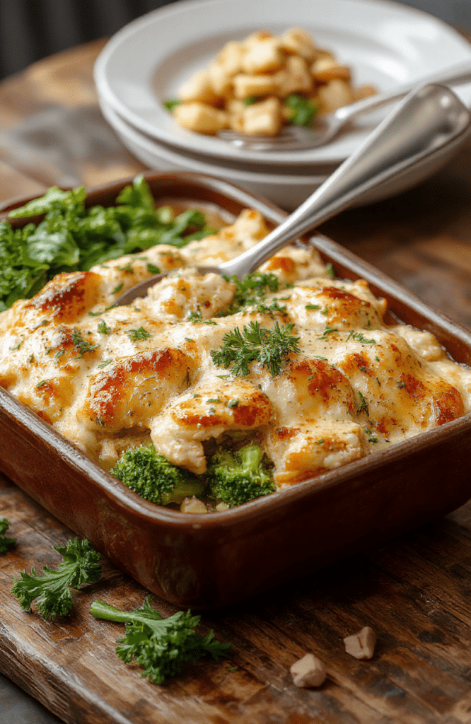A vibrant and colorful broccolis and chicken casserole plated beautifully on a rustic wooden table. The dish features bright green broccoli florets, tender chunks of chicken, topped with melted cheese and herbs. The textures are rich and creamy, with crispy edges on the casserole. Natural daylight highlights the fresh ingredients and inviting presentation, styled casually with a sprinkle of herbs on top.