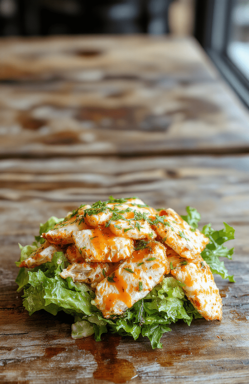 Vibrant buffalo chicken salad displayed on a white plate with colorful celery and fresh greens, topped with a creamy buffalo sauce drizzle, styled with a rustic wooden background, textures of crisp vegetables and tender chicken visible, styled for a fresh, healthy look.