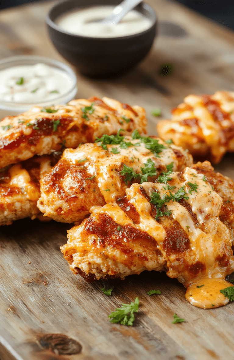 Colorful plate of crispy baked buffalo ranch chicken strips garnished with fresh herbs, served alongside vibrant celery sticks and a creamy dipping sauce, with a rustic wooden background, emphasizing textures of crispy coating and tender chicken, styled simply for a casual, appetizing presentation.
