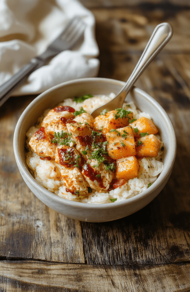 Colorful chicken and sweet potato rice bowl featuring golden roasted sweet potatoes, tender grilled chicken, fresh vegetables, and fluffy rice, styled simply on a white plate with a vibrant background, capturing textures and freshness.