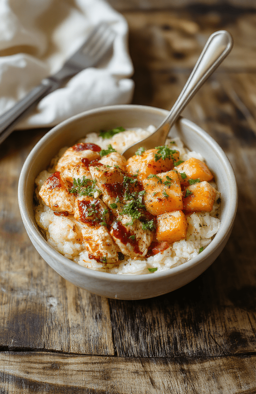 Colorful chicken and sweet potato rice bowl featuring golden roasted sweet potatoes, tender grilled chicken, fresh vegetables, and fluffy rice, styled simply on a white plate with a vibrant background, capturing textures and freshness.