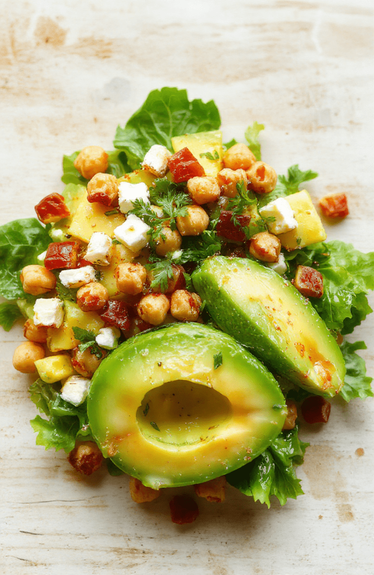 A vibrant bowl of chickpea feta avocado salad featuring creamy sliced avocados, crisp chickpeas, crumbled feta cheese, cherry tomatoes, and fresh herbs, all arranged in a colorful, appealing presentation on a light wooden table with natural lighting highlighting the textures and fresh ingredients.