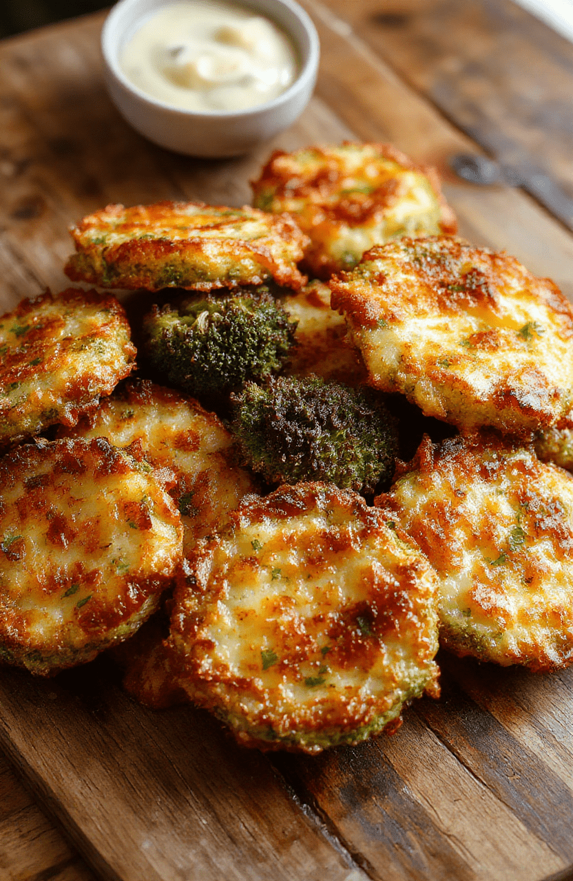 Golden crispy broccoli cheese rounds arranged on a white plate with a crispy, golden-brown exterior, vibrant green broccoli peeking through, served with a drizzle of melted cheese and garnished with fresh herbs, styled on a rustic wooden surface with natural lighting highlighting the textures.