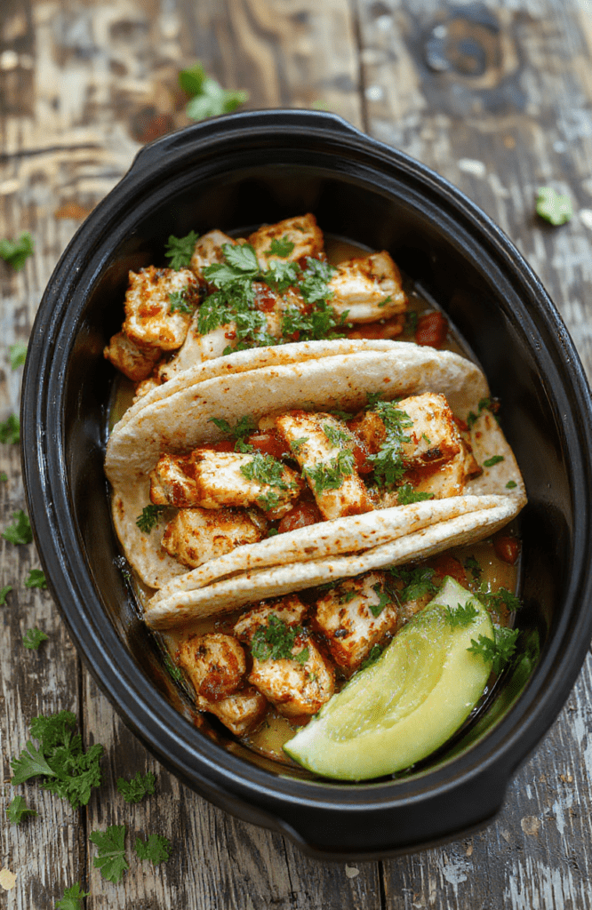 Colorful plate of shredded chicken tacos with fresh lettuce, diced tomatoes, shredded cheese, and sour cream, arranged on a rustic wooden table.