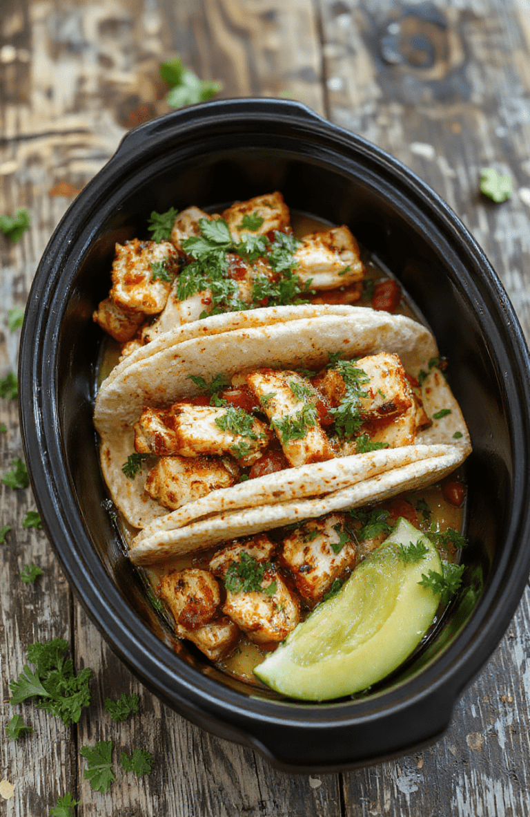 Colorful plate of shredded chicken tacos with fresh lettuce, diced tomatoes, shredded cheese, and sour cream, arranged on a rustic wooden table.