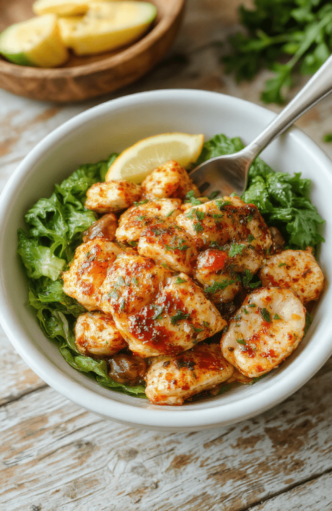 Colorful Mediterranean chicken bowl featuring grilled chicken strips, cherry tomatoes, cucumbers, olives, and feta cheese arranged on a rustic white plate with a drizzle of olive oil and fresh herbs, all set on a wooden table with natural daylight highlighting vibrant ingredients and textures.