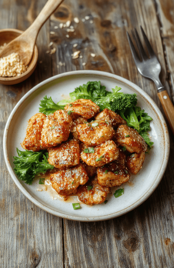 A vibrant plate of sesame chicken featuring golden-brown pieces coated in a glossy sesame sauce, garnished with sesame seeds and chopped scallions, styled on a rustic wooden table with colorful vegetables in the background.