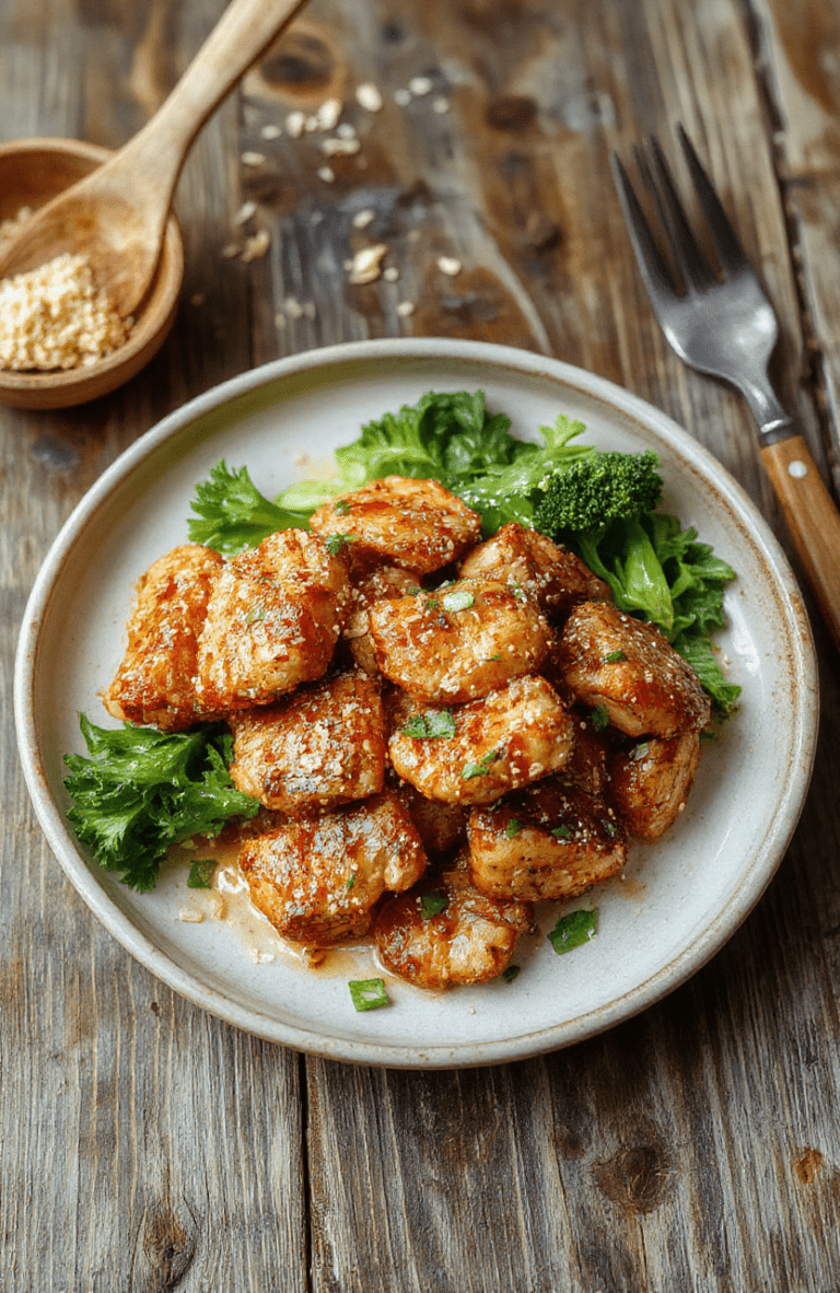 A vibrant plate of sesame chicken featuring golden-brown pieces coated in a glossy sesame sauce, garnished with sesame seeds and chopped scallions, styled on a rustic wooden table with colorful vegetables in the background.