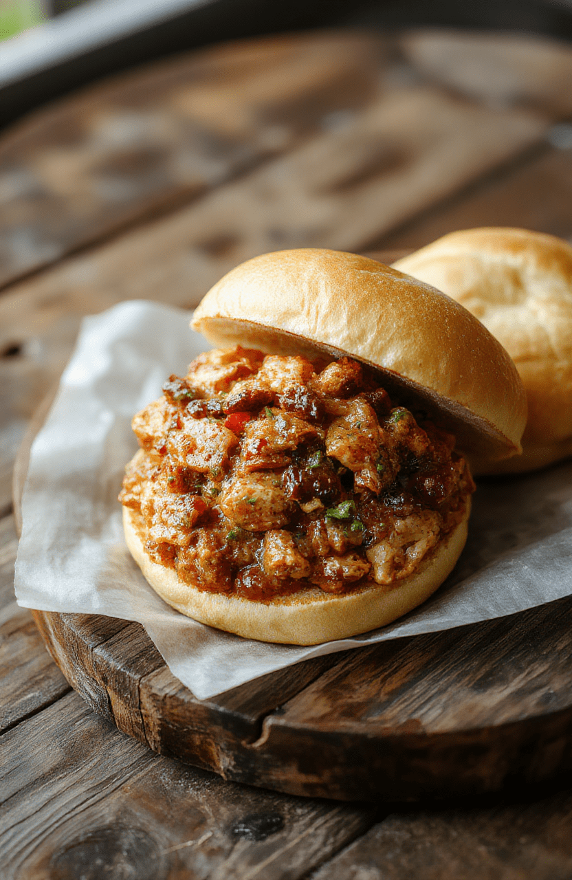 Colorful plate of Healthy Turkey Sloppy Joes with vibrant ground turkey, chunky tomato sauce, and bun topped with fresh herbs, arranged neatly on a rustic wooden surface, garnished with chopped veggies and a sprig of parsley, showcasing a hearty, wholesome dinner with textures of tender meat and crispy bun, styled casually for a warm, inviting presentation.