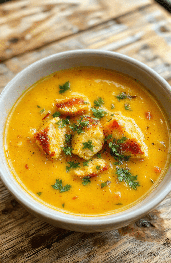 A vibrant bowl of turmeric chicken soup showcasing golden yellow broth, tender shredded chicken, colorful vegetables, garnished with fresh herbs, styled in a rustic bowl on a wooden surface, with steam rising and a sprinkle of black pepper on top.