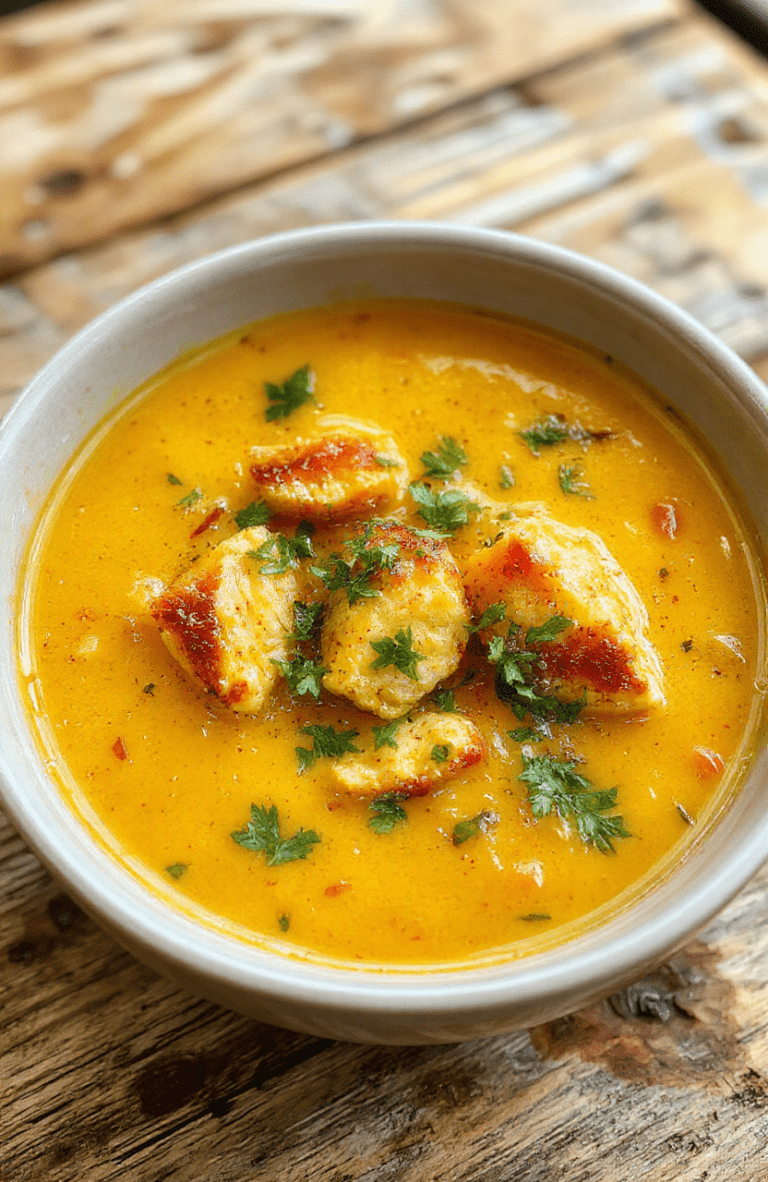 A vibrant bowl of turmeric chicken soup showcasing golden yellow broth, tender shredded chicken, colorful vegetables, garnished with fresh herbs, styled in a rustic bowl on a wooden surface, with steam rising and a sprinkle of black pepper on top.