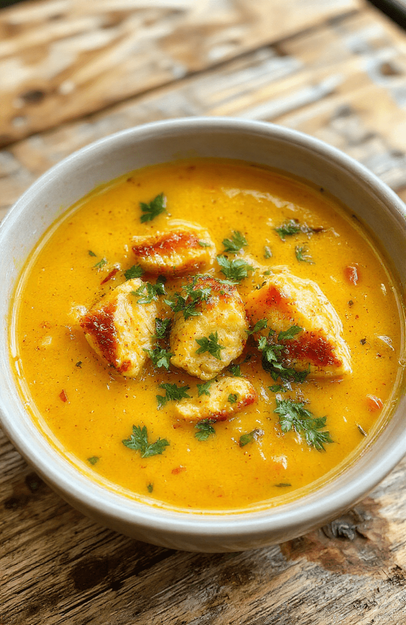 A vibrant bowl of turmeric chicken soup showcasing golden yellow broth, tender shredded chicken, colorful vegetables, garnished with fresh herbs, styled in a rustic bowl on a wooden surface, with steam rising and a sprinkle of black pepper on top.