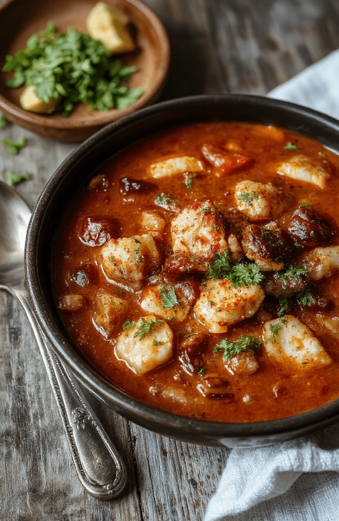 A vibrant bowl of hearty cowboy soup filled with chunks of beef, corn, beans, and vegetables, topped with fresh herbs, served on a rustic wooden surface with a spoon nearby, showcasing rich textures and warm colors, styled casually with a cozy farmhouse vibe.