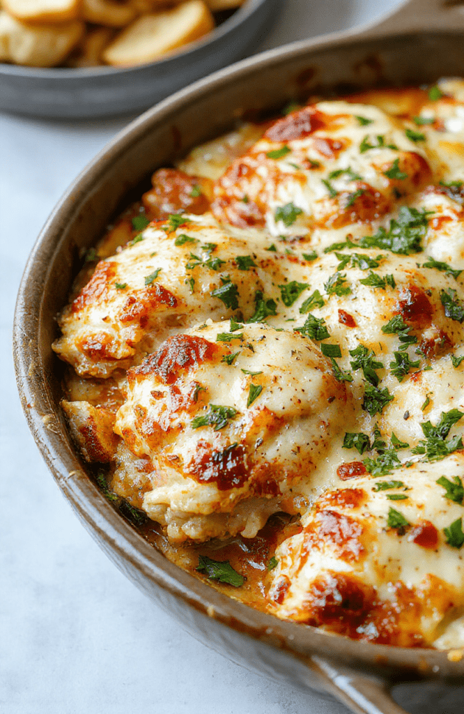 A vibrant chicken parmesan casserole in a rustic ceramic baking dish, topped with golden melted cheese, crispy breadcrumb crust, fresh basil garnish, and sliced cherry tomatoes, styled on a wooden table with soft natural lighting.