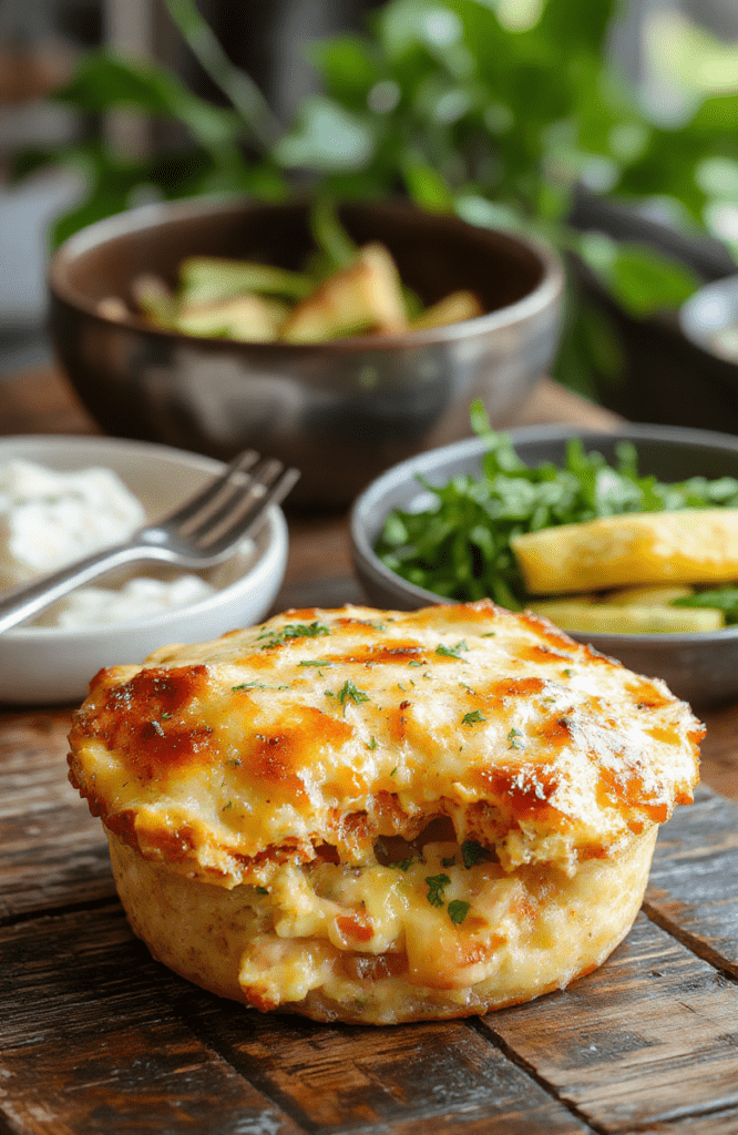 A vibrant, crustless chicken pot pie served in a rustic white bowl. The dish features tender chunks of chicken, bright carrots, peas, and corn in a creamy, flavorful sauce. Garnished with fresh herbs, the pie looks cozy and inviting with a golden-brown edge and colorful vegetable chunks. The background includes a blurred wooden table, emphasizing the comforting, hearty nature of this healthy dinner option.