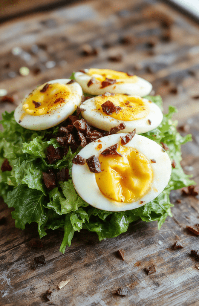 Colorful high-protein egg avocado salad arranged elegantly with vibrant green avocado slices, soft-boiled eggs, cherry tomatoes, and fresh herbs on a rustic wooden plate, with a smooth avocado texture and bright garnishes, styled simply for a fresh and appetizing look.