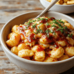 A vibrant plate of creamy mac and cheese topped with shredded BBQ chicken glazed in honey, garnished with fresh herbs, in a rustic bowl on a wooden table