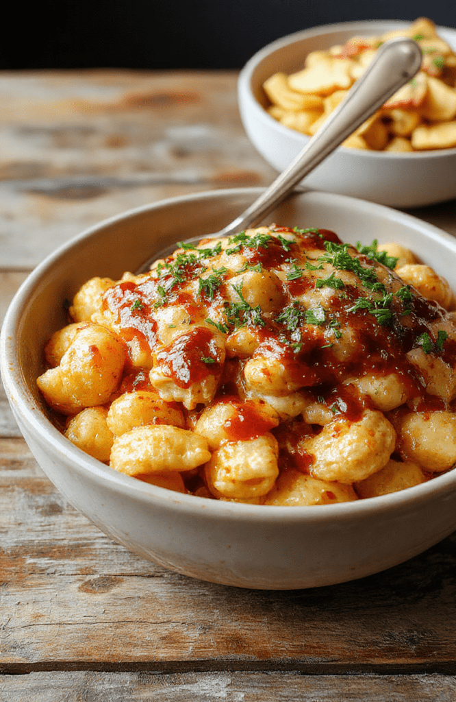 A vibrant plate of creamy mac and cheese topped with shredded BBQ chicken glazed in honey, garnished with fresh herbs, in a rustic bowl on a wooden table