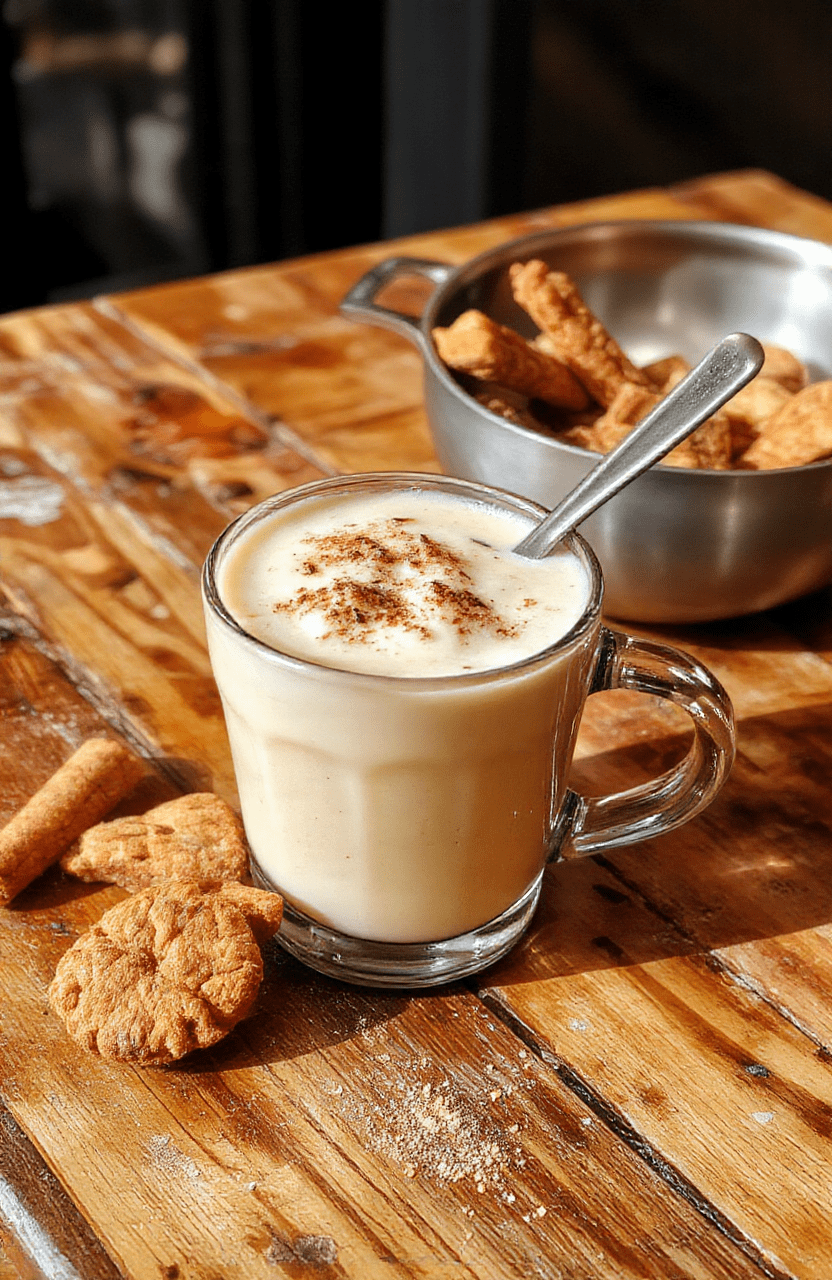 A cozy vanilla cinnamon latte presented in a clear glass mug, topped with whipped cream, sprinkles of cinnamon, and vanilla bean pods nearby. The drink has a rich, creamy texture with a warm amber hue, set on a rustic wooden table with soft natural light highlighting the foam and garnishes.