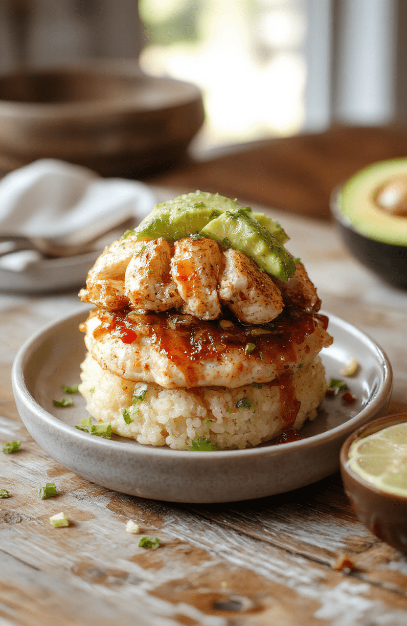 A vibrant Honey Lime Chicken and Avocado Rice Stack featuring golden grilled chicken slices, creamy avocado, and fluffy rice layered in a clear glass bowl, garnished with fresh cilantro and lime wedges, with a colorful background and natural lighting highlighting textures and freshness.