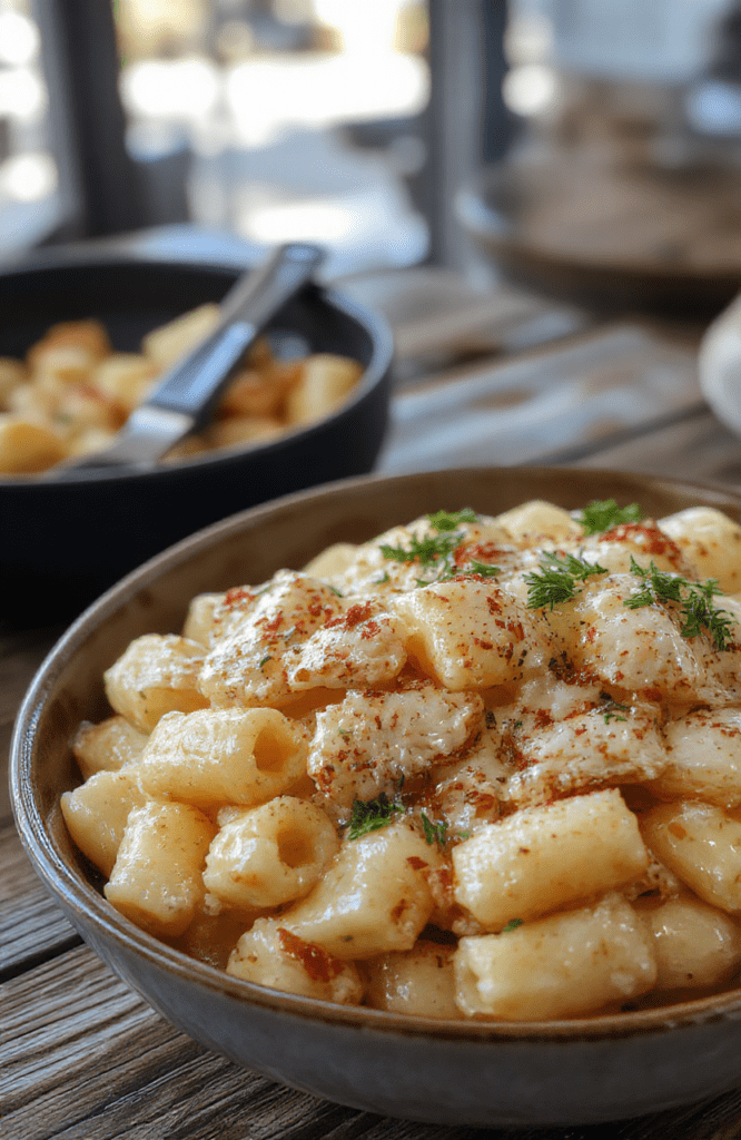 A vibrant plate of Honey Pepper Chicken Mac and Cheese featuring golden crispy chicken chunks topped with melted cheese, garnished with fresh herbs, served on a rustic wooden platter with a drizzle of honey and pepper, with a blurred cozy kitchen background showcasing warm, inviting tones.