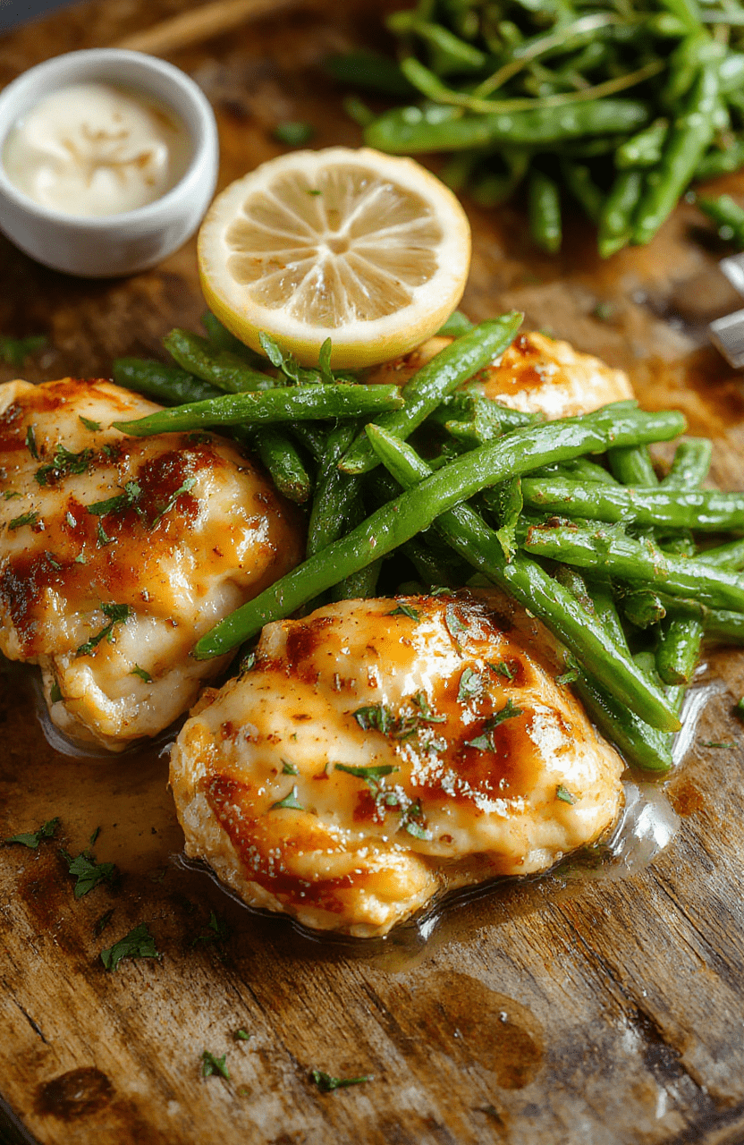 Colorful plated lemon garlic butter chicken thighs garnished with fresh green beans, vibrant lemon slices, and drizzled with a glossy buttery sauce, arranged on a rustic wooden table with a soft focus background.