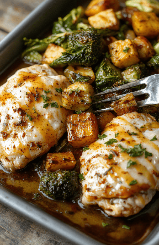 Colorful sheet pan chicken dinner featuring golden roasted sweet potatoes, vibrant green vegetables, and glazed chicken breasts drizzled with maple dijon sauce, arranged on a rustic metal tray with a casual, inviting presentation.