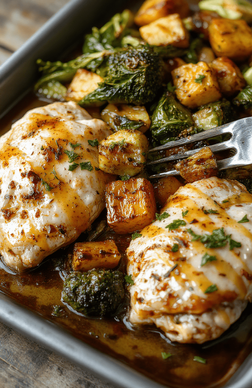 Colorful sheet pan chicken dinner featuring golden roasted sweet potatoes, vibrant green vegetables, and glazed chicken breasts drizzled with maple dijon sauce, arranged on a rustic metal tray with a casual, inviting presentation.