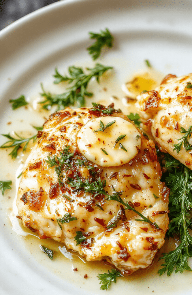 A close-up of tender garlic butter chicken pieces with a glossy, golden-brown exterior, garnished with fresh parsley, served on a rustic white plate with a sprig of thyme, surrounded by roasted garlic cloves and a pat of melting butter, highlighting the rich, savory textures and vibrant colors of the dish.
