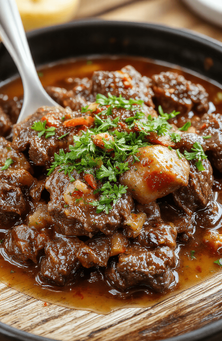 A beautifully presented bowl of beef bourguignon featuring tender chunks of beef in a rich, dark red wine sauce, garnished with fresh herbs, served alongside crusty bread on a rustic wooden table, with glossy sauce shimmering and a garnish of thyme and pearl onions, styled elegantly with a cozy background.