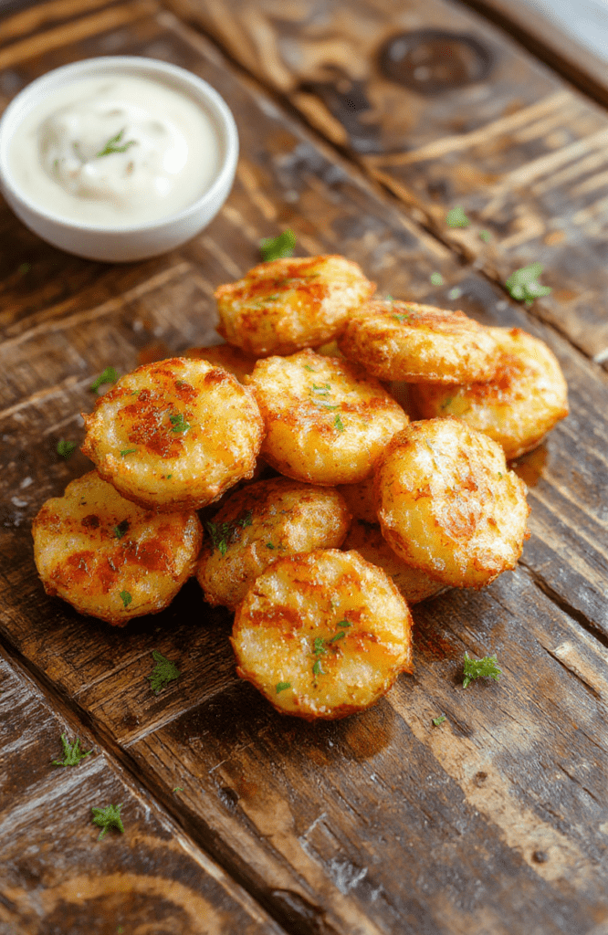 Golden crispy mini potato bites arranged on a rustic wooden platter, garnished with fresh herbs. The bites are textured with a crunchy exterior and tender interior, showcasing their golden hue. The presentation is inviting, perfect for a party or a cozy home snack, with a hint of seasoning and a sprinkle of parsley for garnish.