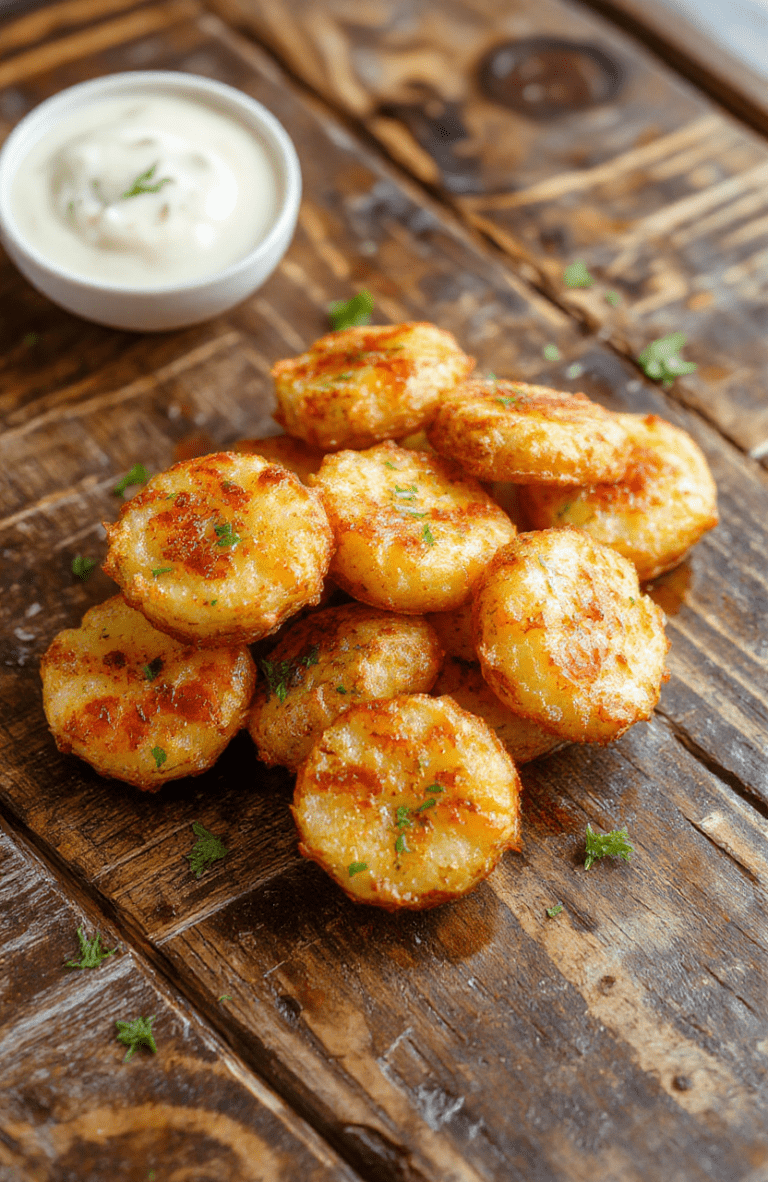 Golden crispy mini potato bites arranged on a rustic wooden platter, garnished with fresh herbs. The bites are textured with a crunchy exterior and tender interior, showcasing their golden hue. The presentation is inviting, perfect for a party or a cozy home snack, with a hint of seasoning and a sprinkle of parsley for garnish.