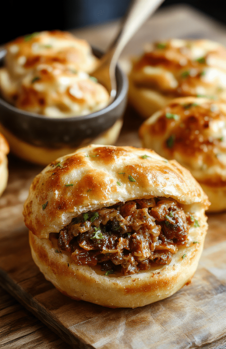 Golden brown pulled beef pastry puffs arranged on a rustic wooden platter, flaky pastry with crispy edges, tender pulled beef filling inside, garnished with fresh herbs, vibrant colors of beef and pastry textures highlighted, styled casually for an inviting look.