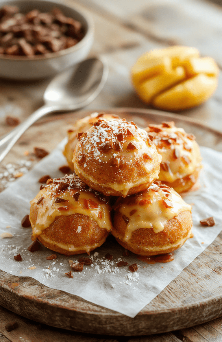 A close-up of golden-brown bunuelos arranged on a rustic plate, sprinkled generously with powdered sugar, with a drizzle of honey and a cinnamon stick for garnish. The flaky, crispy texture of the fried dough is visible, contrasting with the soft, sweet coating. The background features a warm, cozy setting with soft lighting highlighting the inviting dessert.