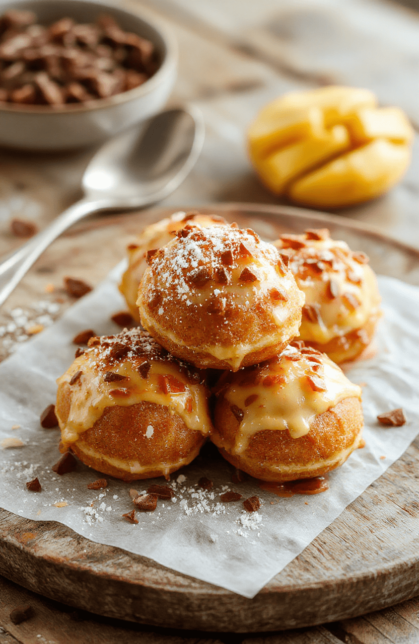 A close-up of golden-brown bunuelos arranged on a rustic plate, sprinkled generously with powdered sugar, with a drizzle of honey and a cinnamon stick for garnish. The flaky, crispy texture of the fried dough is visible, contrasting with the soft, sweet coating. The background features a warm, cozy setting with soft lighting highlighting the inviting dessert.