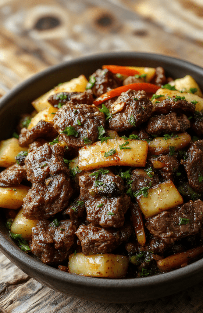 A colorful beef stir fry served on a white plate, featuring tender beef slices, vibrant bell peppers, broccoli florets, and snap peas, all coated in a glossy sauce. The dish is garnished with sesame seeds and chopped green onions, styled simply on a rustic wooden table with a backdrop of natural sunlight, highlighting textures and fresh ingredients.