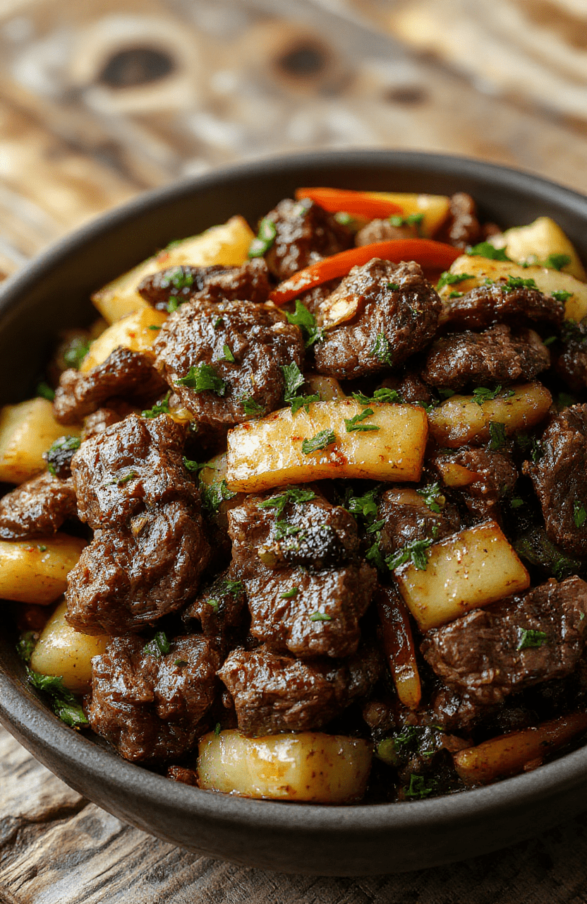 A colorful beef stir fry served on a white plate, featuring tender beef slices, vibrant bell peppers, broccoli florets, and snap peas, all coated in a glossy sauce. The dish is garnished with sesame seeds and chopped green onions, styled simply on a rustic wooden table with a backdrop of natural sunlight, highlighting textures and fresh ingredients.