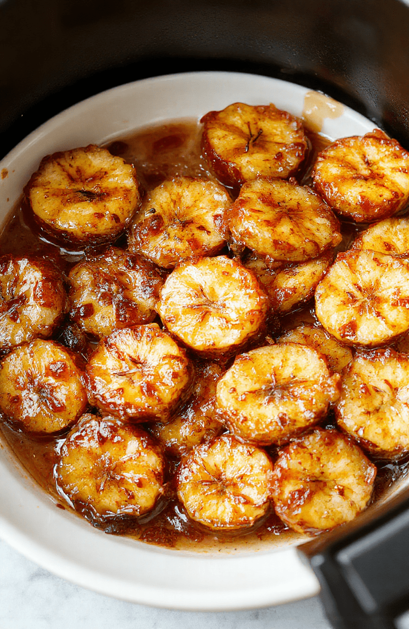 A close-up shot of perfectly caramelized bananas sliced and arranged on a white plate with a golden, glossy caramel coating. The bananas are topped with a sprinkle of cinnamon and drizzled with additional caramel sauce. The background features a softly blurred kitchen setting with warm lighting, emphasizing the inviting texture and rich color contrast of the dessert.