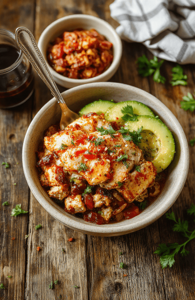 Colorful chicken fajita burrito bowl arranged on a rustic wooden table, featuring grilled chicken strips, vibrant bell peppers, red onions, fresh cilantro, and lime wedges, garnished with shredded cheese and sour cream, with a side of warm tortillas, styled for a casual, inviting presentation.