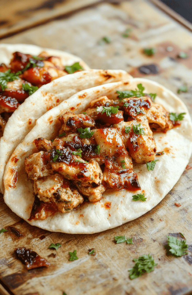 Colorful chicken fajitas on a rustic wooden platter, topped with vibrant red and green bell peppers, onions, and a sprinkle of fresh cilantro, with warm tortillas in the background.