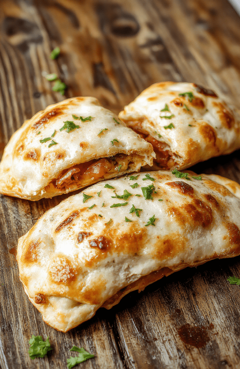 Golden-brown air fryer calzones on a rustic wooden surface, showing their crispy edges and gooey melted cheese filling, with fresh herbs and dipping sauce nearby, styled simply for an inviting home-cooked look.