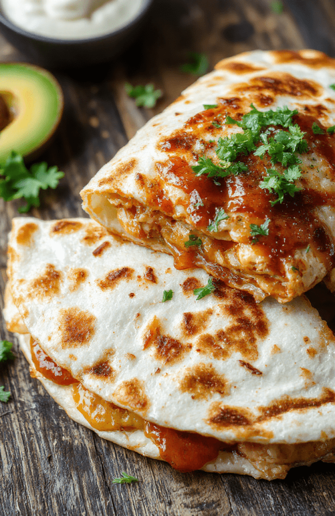 Vibrant BBQ chicken quesadilla on a rustic wooden plate, melted cheese bubbling, with fresh cilantro and sliced jalapenos, colorful sauces drizzled around, styled with a casual and inviting look.