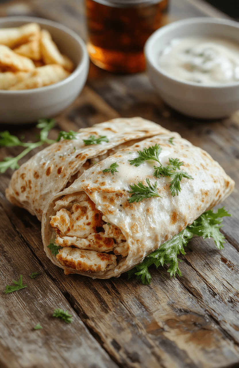 Colorful Chicken Caesar Wrap on a white plate, filled with sliced grilled chicken, crisp romaine lettuce, shredded Parmesan, and creamy Caesar dressing, all wrapped in a soft flour tortilla, styled casually on a wooden table with fresh ingredients nearby.