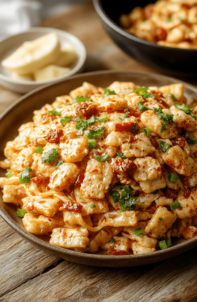 A vibrant plate of homemade chicken chow mein featuring stir-fried noodles, tender chicken pieces, colorful vegetables like bell peppers and carrots, garnished with green onions, presented on a rustic wooden table with a glossy sauce coating the dish.