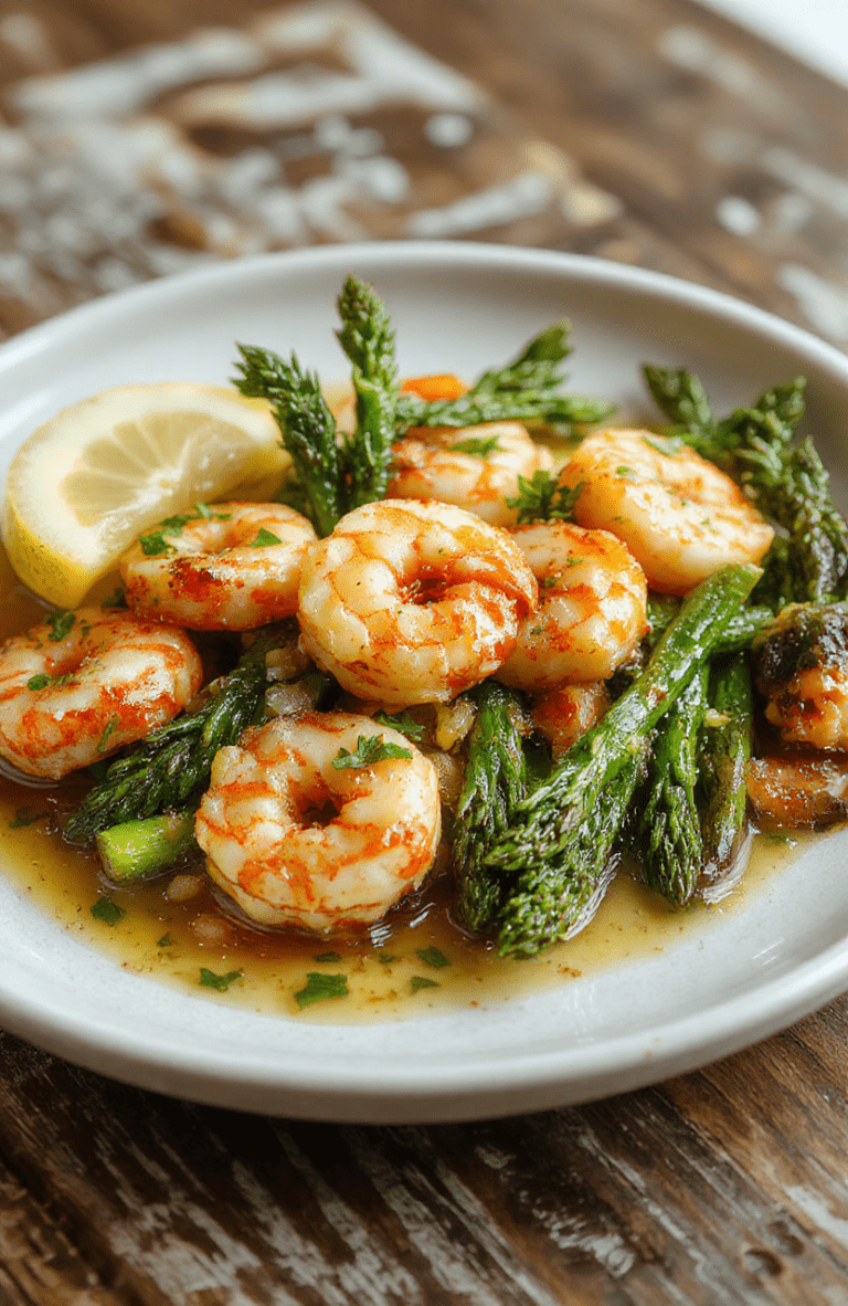 Colorful plate of lemon garlic shrimp and tender asparagus arranged on a white ceramic plate, garnished with lemon slices and fresh herbs, showcasing vibrant yellow and green hues, glossy shrimp, and crisp asparagus, styled simply for a rustic, appetizing look.