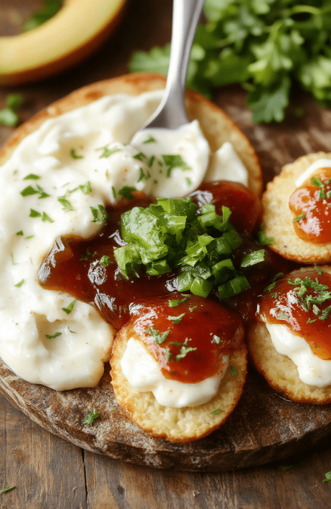 A vibrant plate featuring creamy white dip topped with glossy red pepper jelly and garnished with green herbs, surrounded by crisp crackers and fresh vegetable sticks, styled simply with a neutral background to highlight the colorful ingredients and inviting textures.