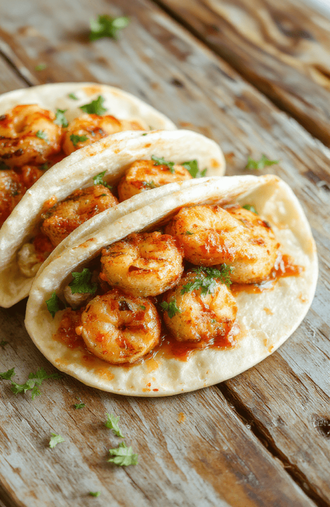 Colorful shrimp tacos plated on a rustic wooden surface, topped with fresh diced tomatoes, shredded lettuce, and drizzled with creamy sauce. The vibrant orange shrimp are nestled inside soft corn tortillas, garnished with chopped cilantro and lime wedges. The presentation is casual yet appealing, emphasizing freshness and texture with a lively, inviting atmosphere.