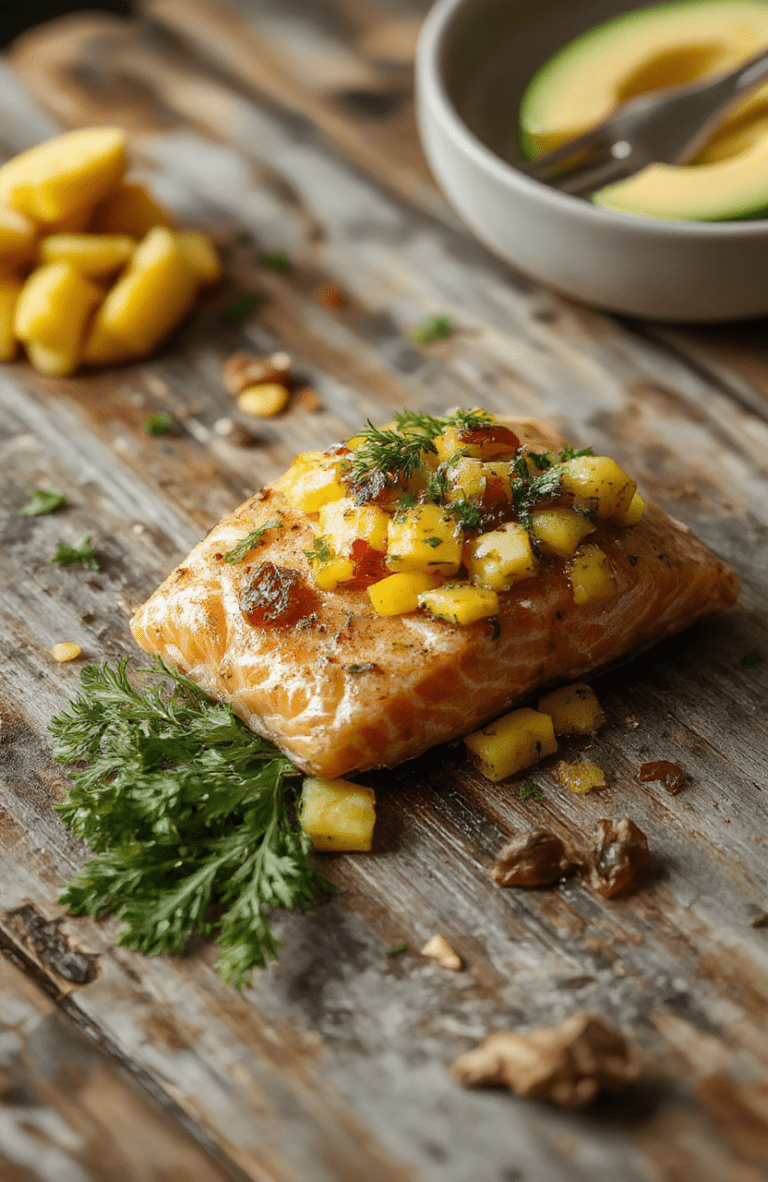 A vibrant plate of fresh mango salsa salmon featuring flaky salmon fillet topped with colorful mango salsa, garnished with cilantro, served on a white ceramic plate with a rustic wooden background.