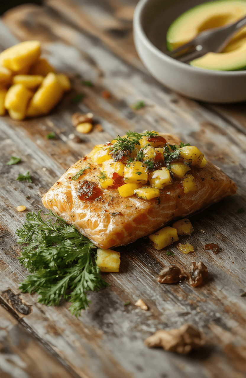 A vibrant plate of fresh mango salsa salmon featuring flaky salmon fillet topped with colorful mango salsa, garnished with cilantro, served on a white ceramic plate with a rustic wooden background.