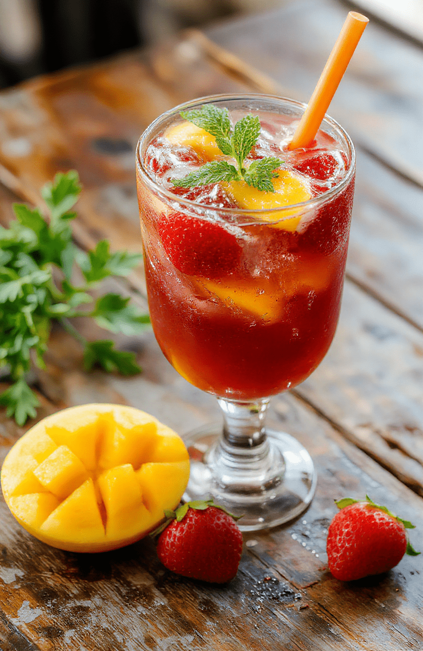 A vibrant glass of mango strawberry lemonade garnished with fresh strawberries and lemon slices, colorful sliced fruits around, bright and refreshing appearance, served in a clear glass on a rustic wooden surface, with condensation for a chilled look.